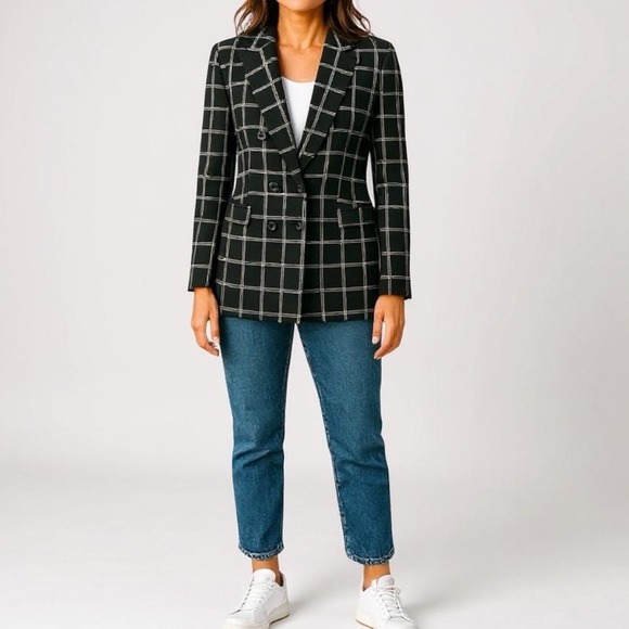 Bar lll Black White Checkered Faux Double Breasted V Neck Casual Blazer Medium - Picture 1 of 9